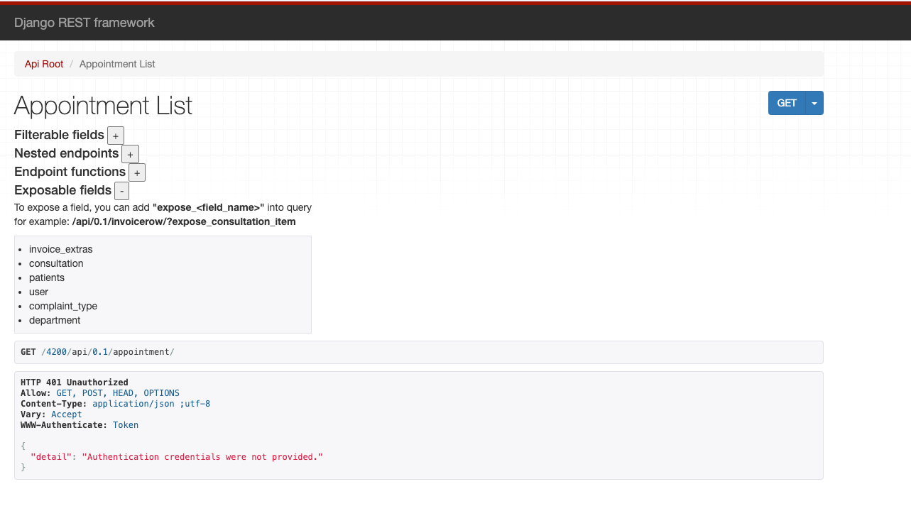 Provet API docs page showing filters/exposable fields